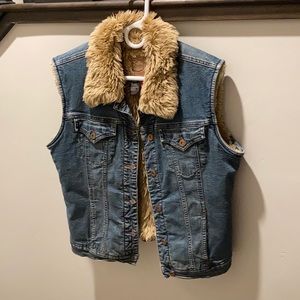 Denim and fur vest